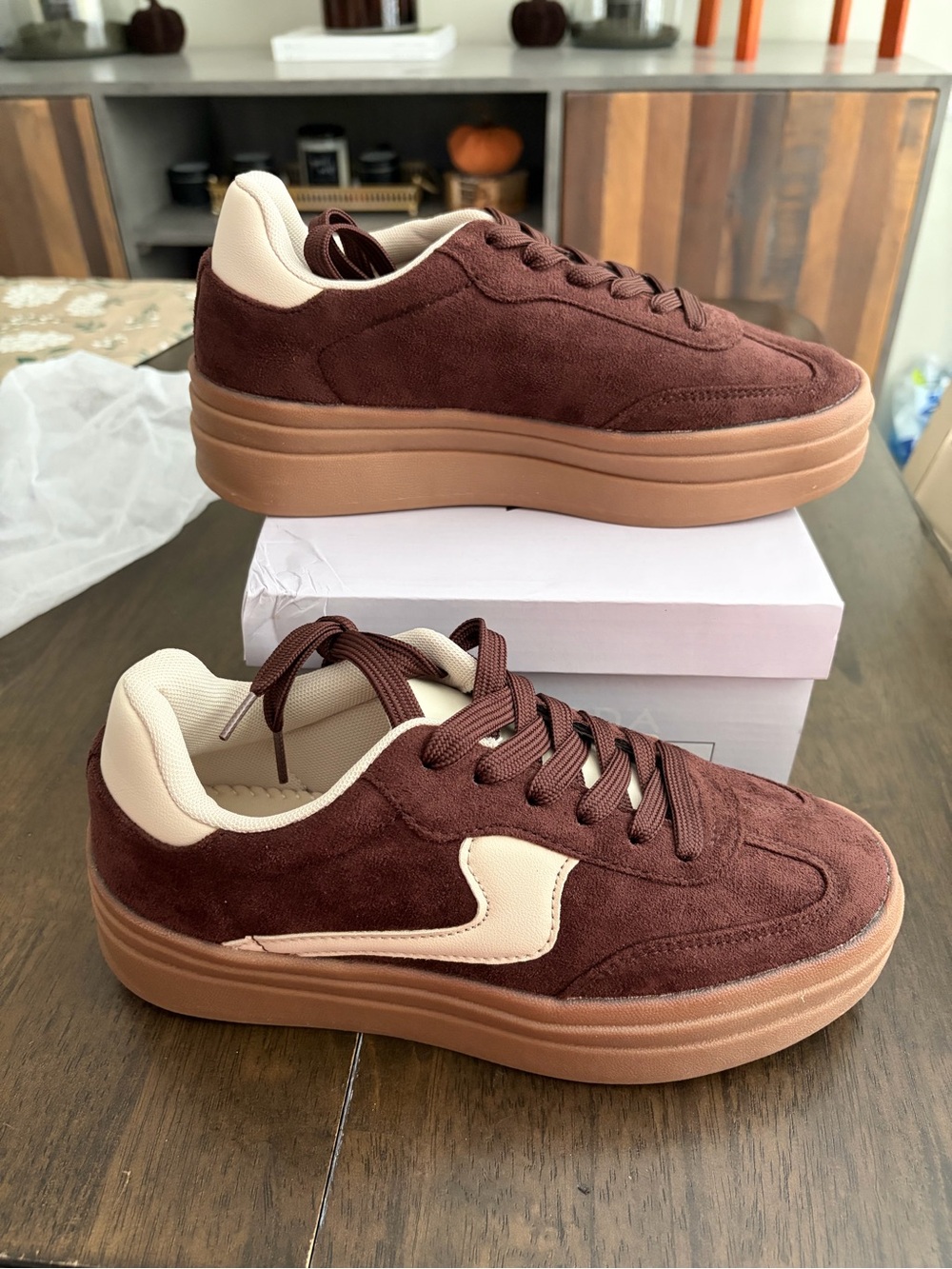 Women's faux Suede Platform Sneakers in Brown and Cream